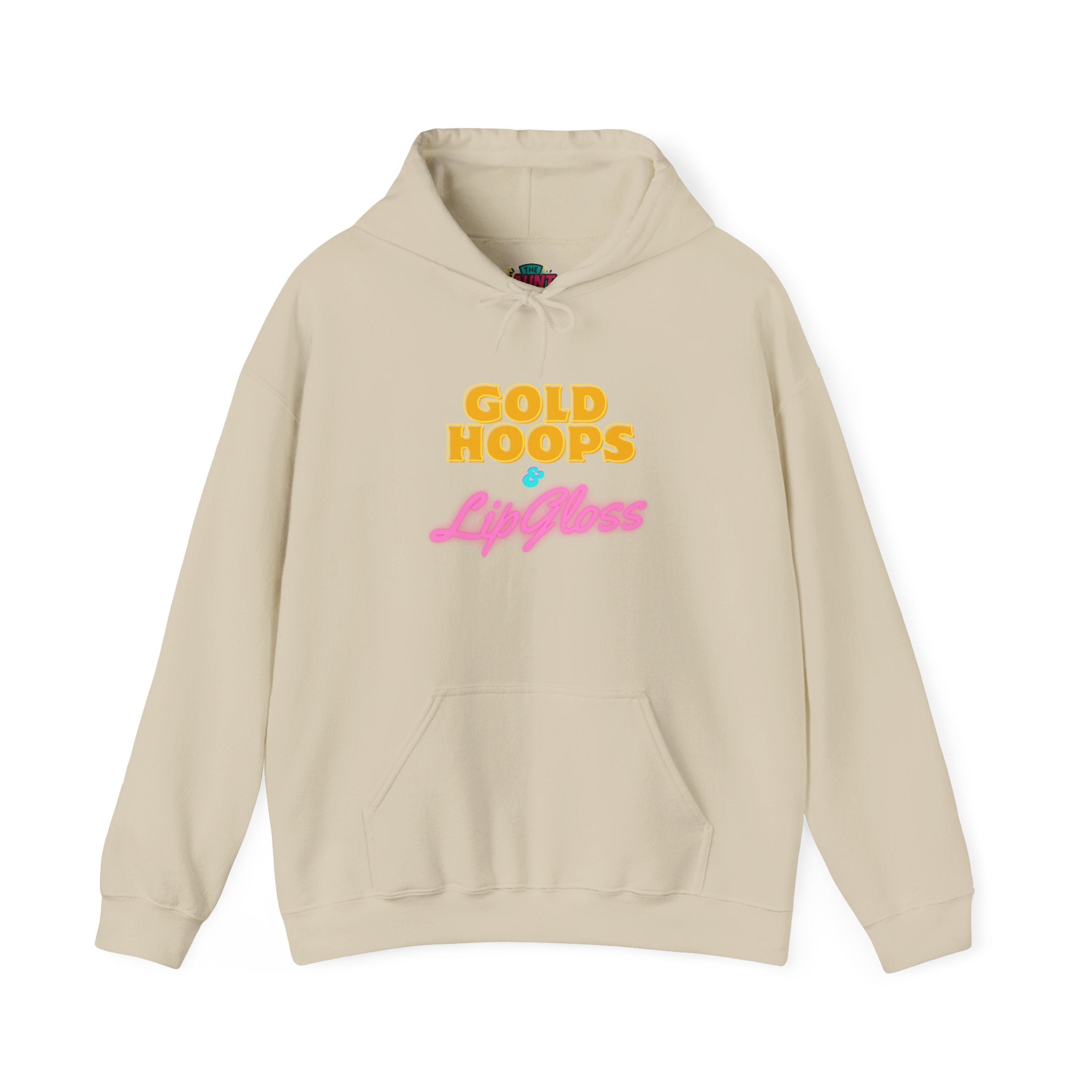 Gold Hoops & Lip Gloss Hoodie — Retro Pink & Gold Graphic Pullover