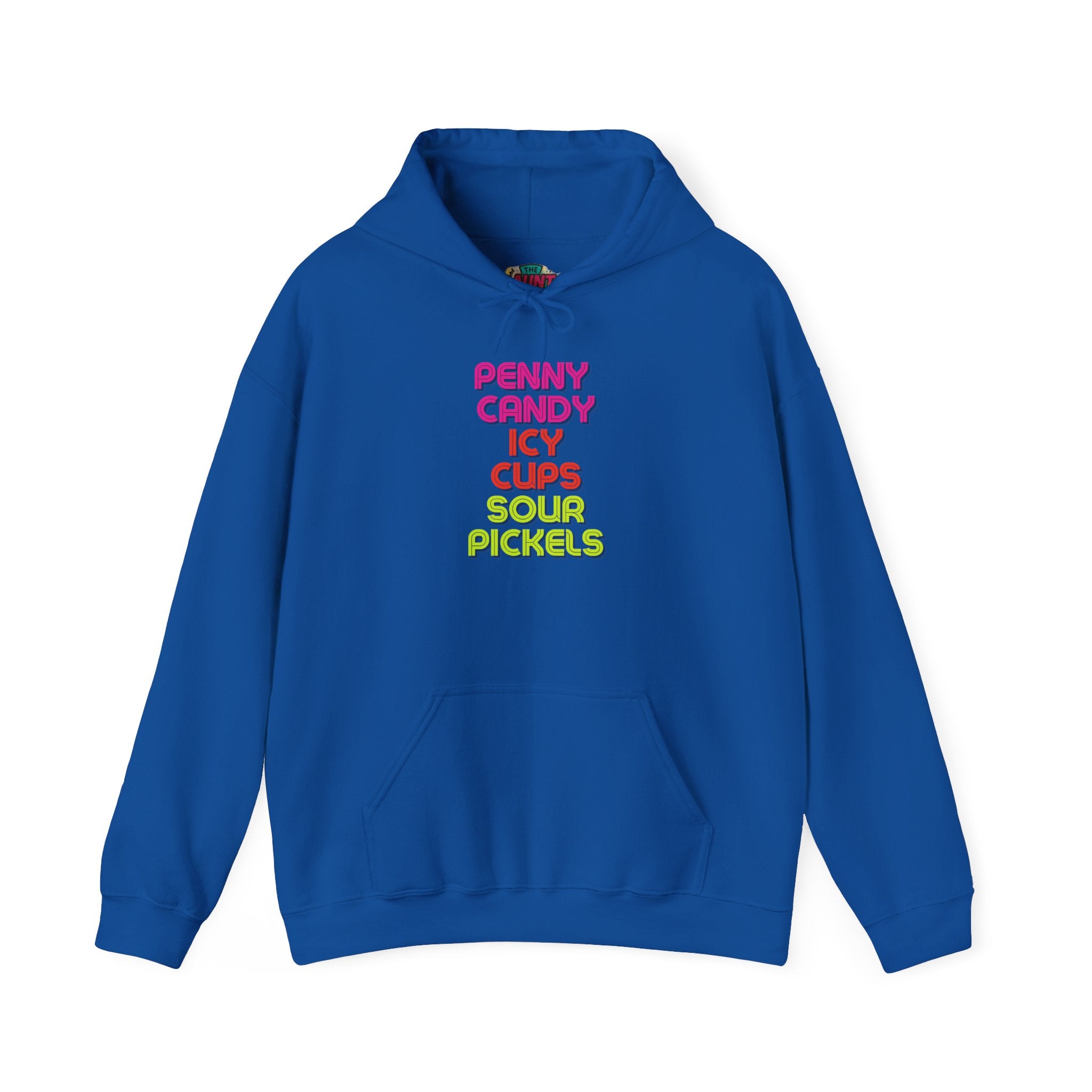 Candy Shop Nostalgia Hoodie — "Penny Candy Icy Cups Sour Pickles" Retro Text