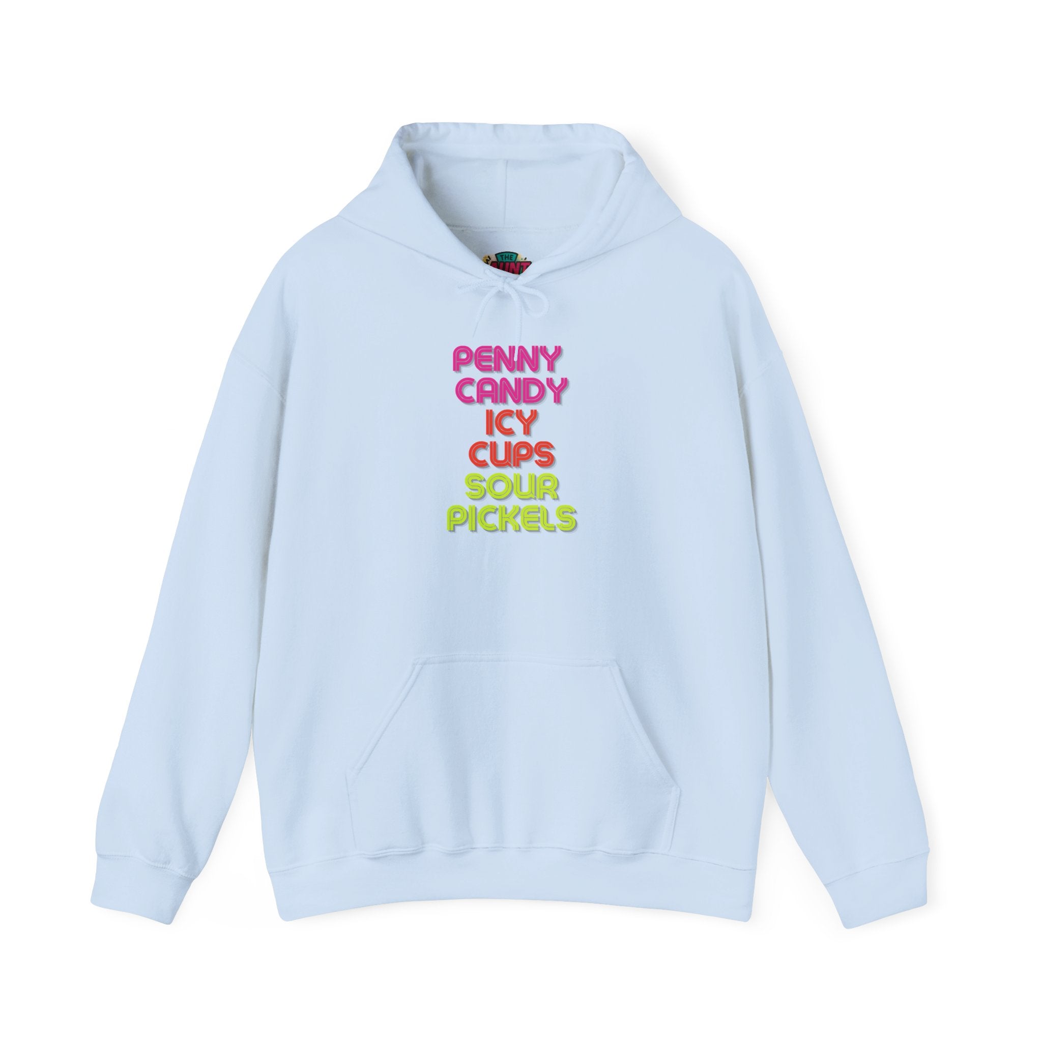Candy Shop Nostalgia Hoodie — "Penny Candy Icy Cups Sour Pickles" Retro Text