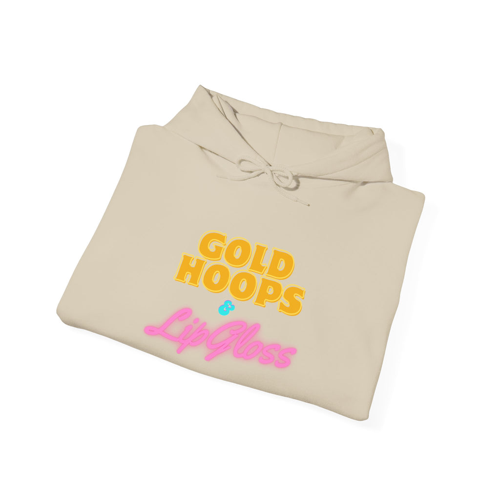 Gold Hoops & Lip Gloss Hoodie — Retro Pink & Gold Graphic Pullover