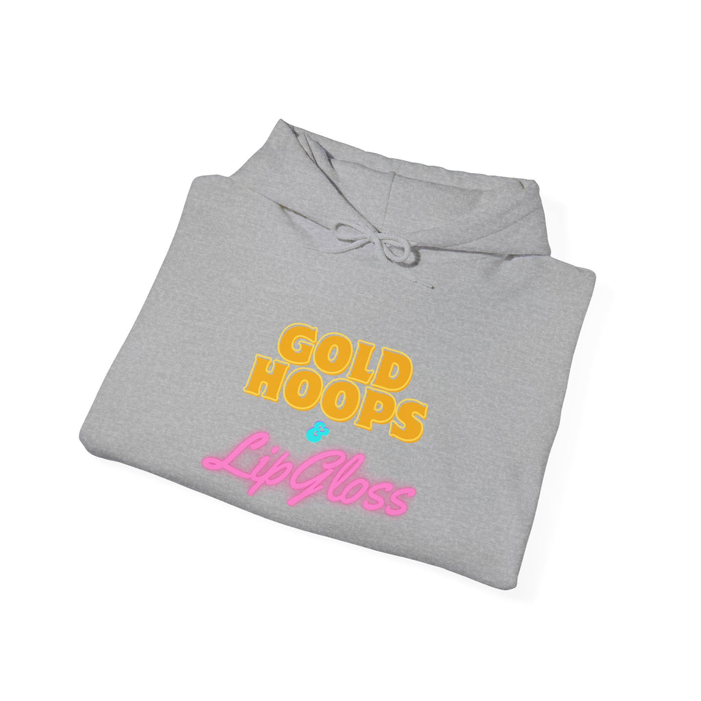 Gold Hoops & Lip Gloss Hoodie — Retro Pink & Gold Graphic Pullover