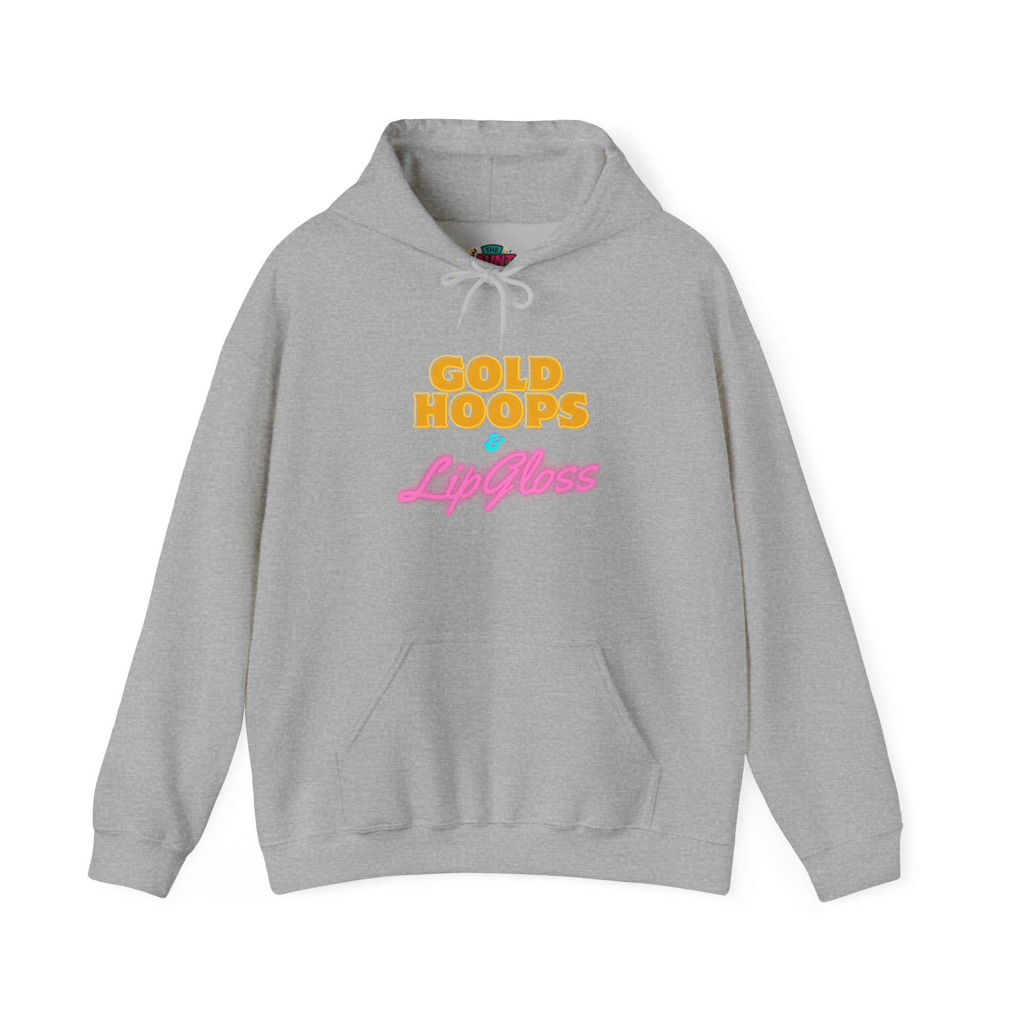 Gold Hoops & Lip Gloss Hoodie — Retro Pink & Gold Graphic Pullover