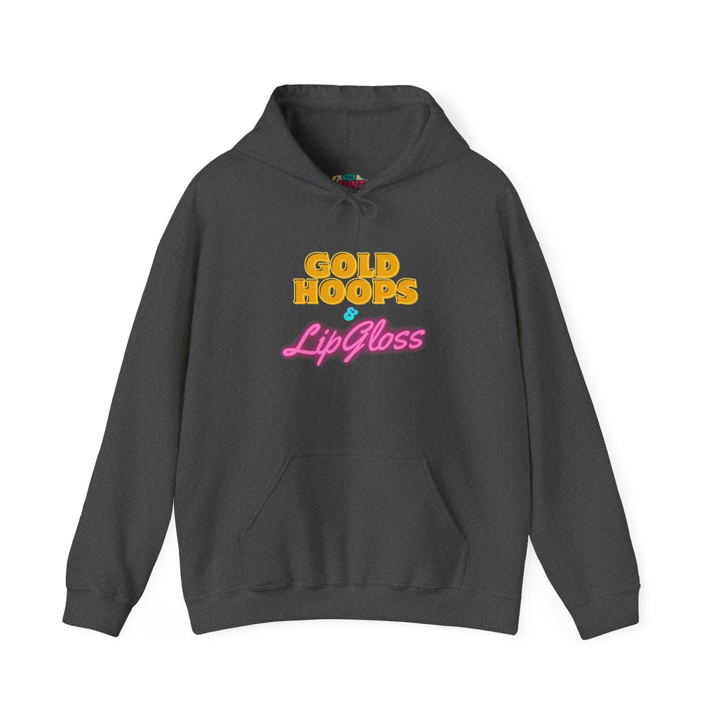 Gold Hoops & Lip Gloss Hoodie — Retro Pink & Gold Graphic Pullover