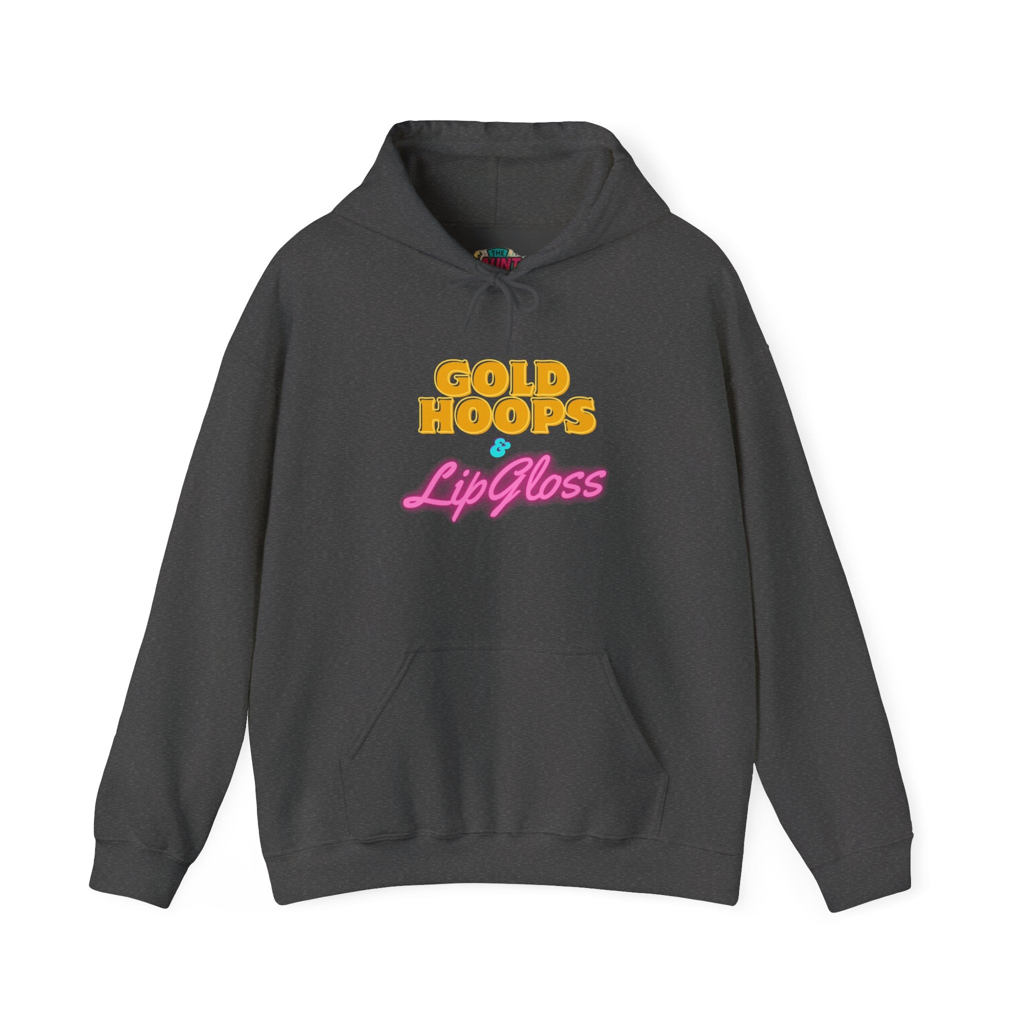 Gold Hoops & Lip Gloss Hoodie — Retro Pink & Gold Graphic Pullover