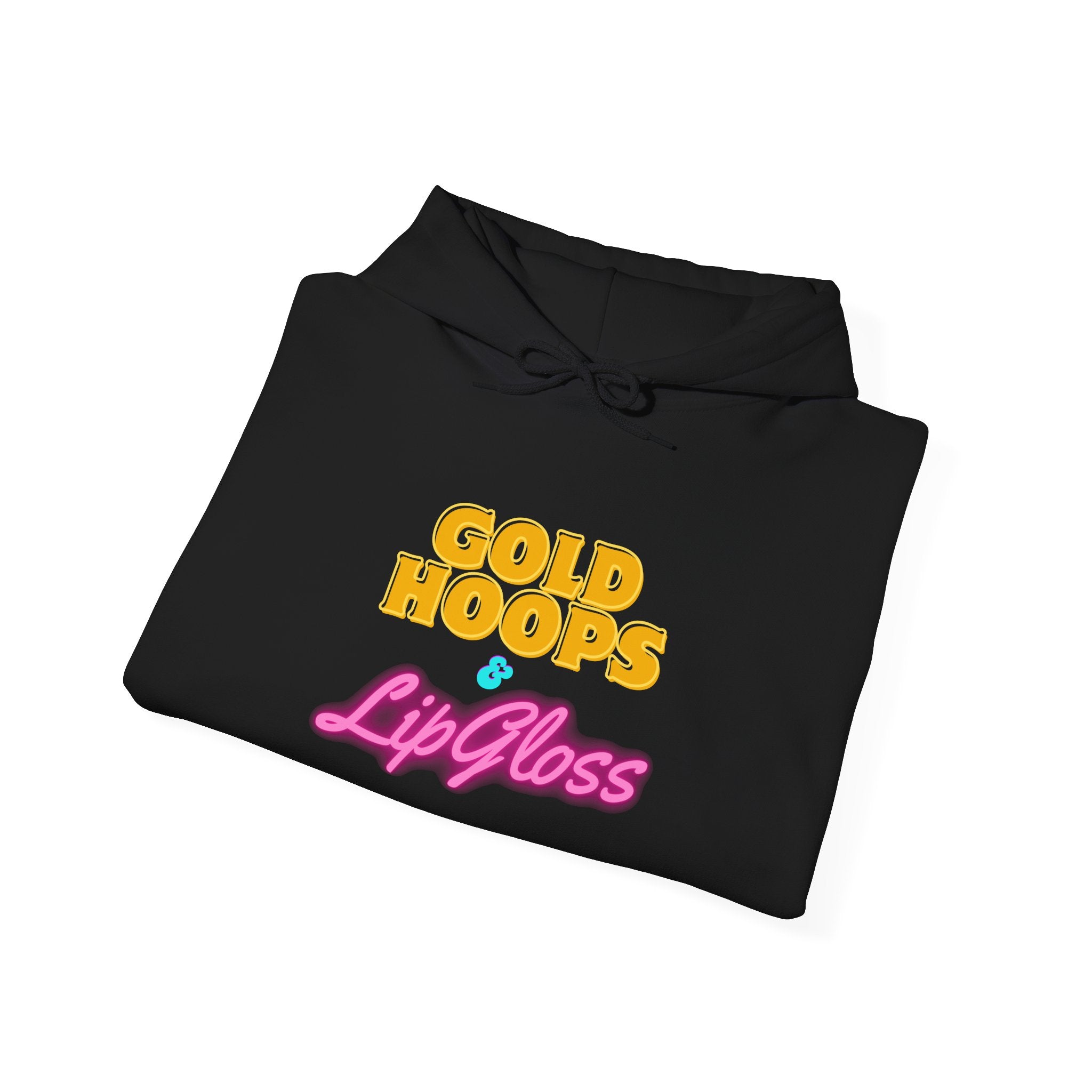 Gold Hoops & Lip Gloss Hoodie — Retro Pink & Gold Graphic Pullover