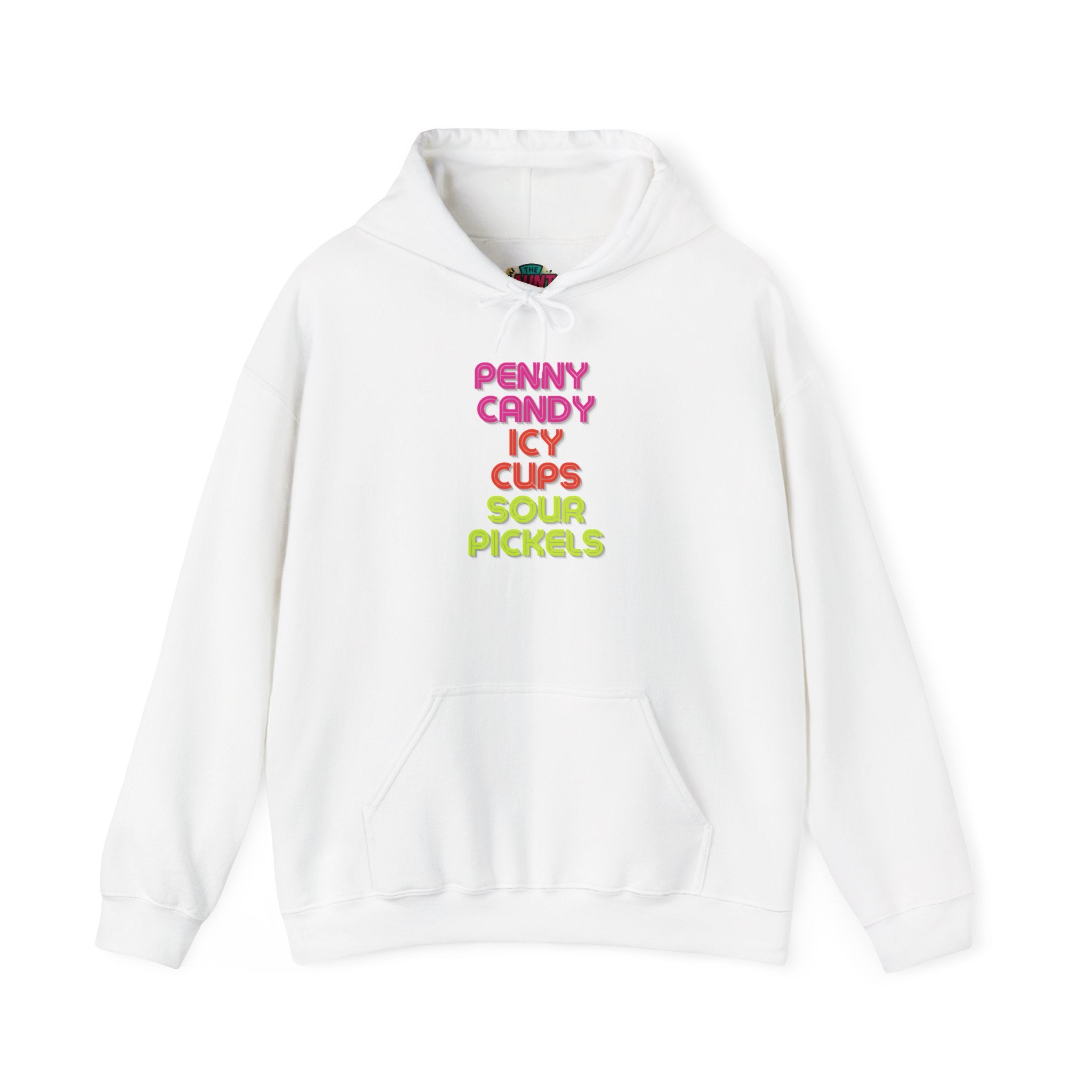 Candy Shop Nostalgia Hoodie — "Penny Candy Icy Cups Sour Pickles" Retro Text