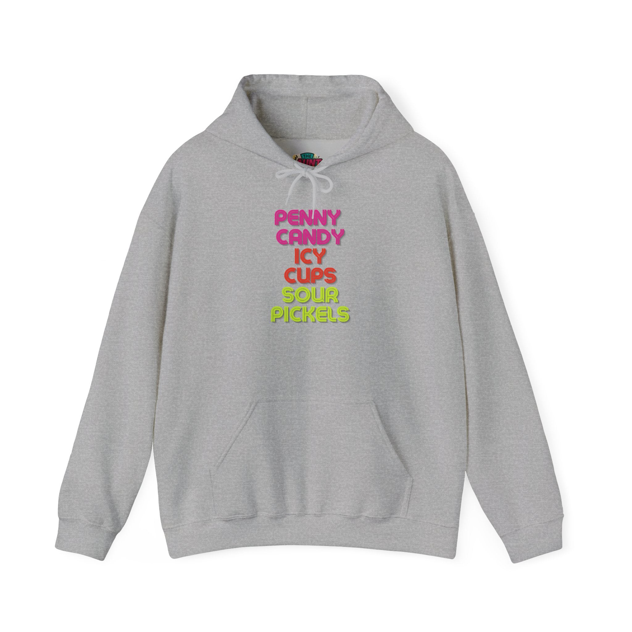 Candy Shop Nostalgia Hoodie — "Penny Candy Icy Cups Sour Pickles" Retro Text