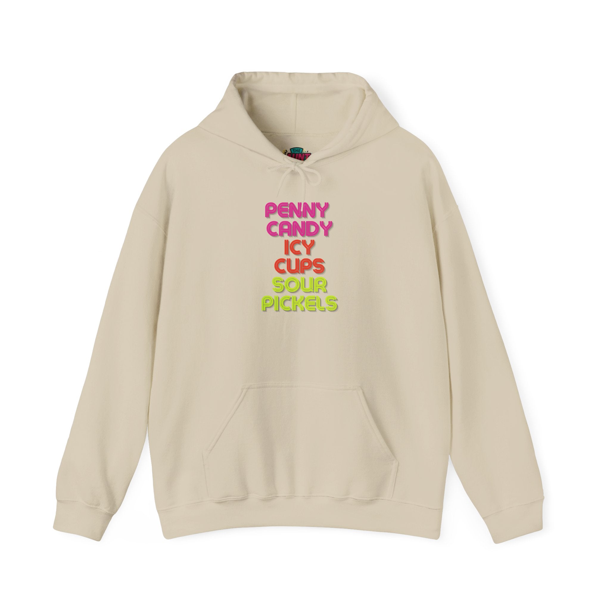 Candy Shop Nostalgia Hoodie — "Penny Candy Icy Cups Sour Pickles" Retro Text