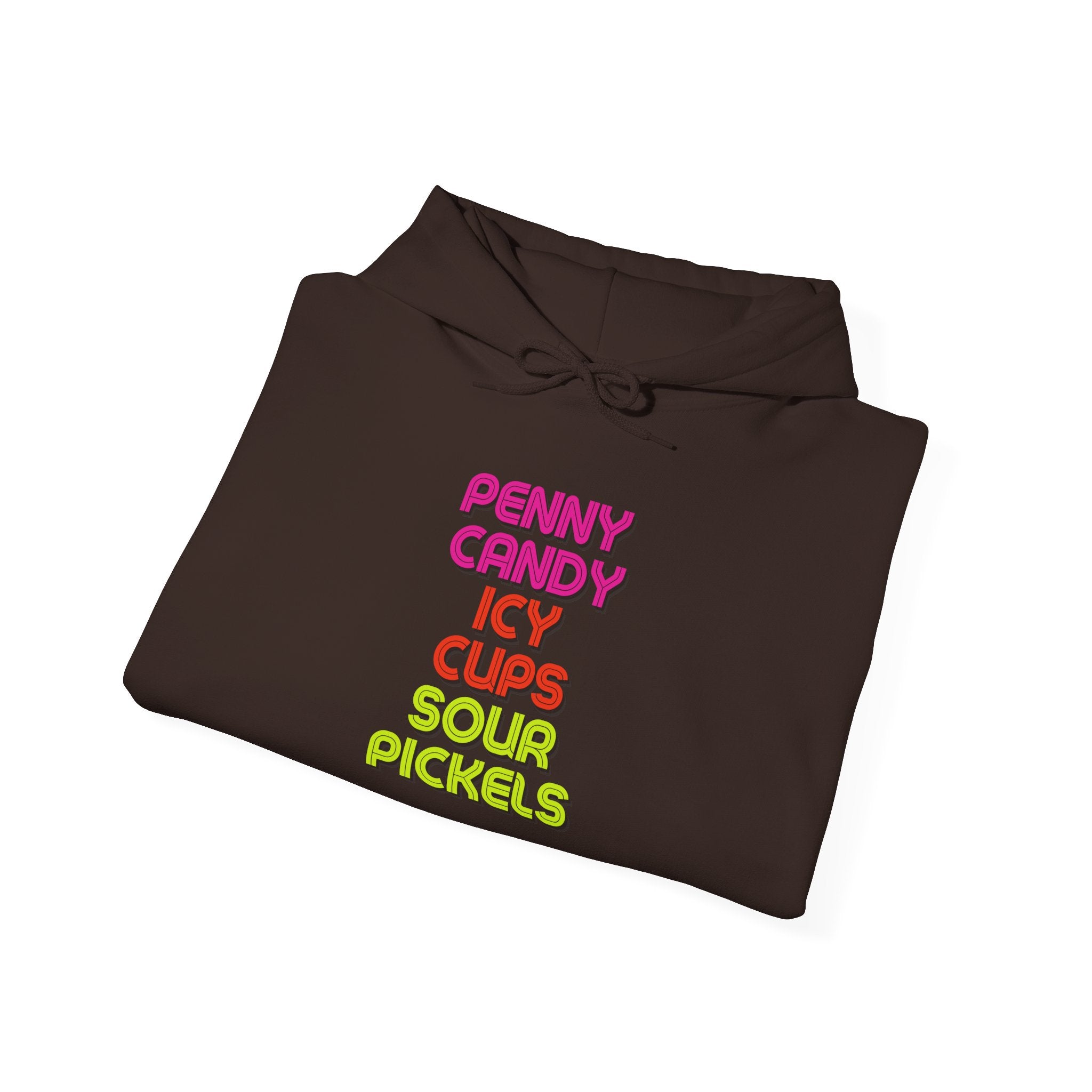 Candy Shop Nostalgia Hoodie — "Penny Candy Icy Cups Sour Pickles" Retro Text
