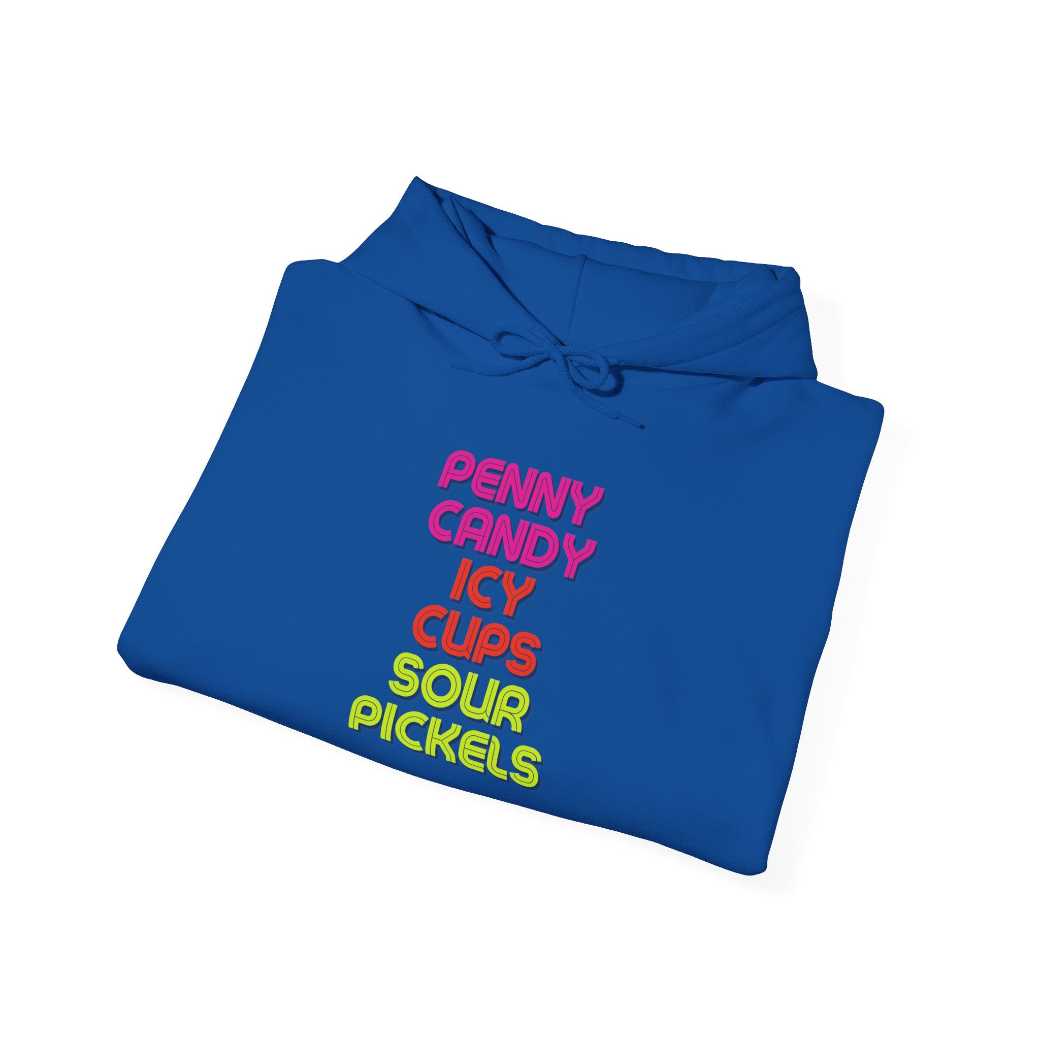 Candy Shop Nostalgia Hoodie — "Penny Candy Icy Cups Sour Pickles" Retro Text