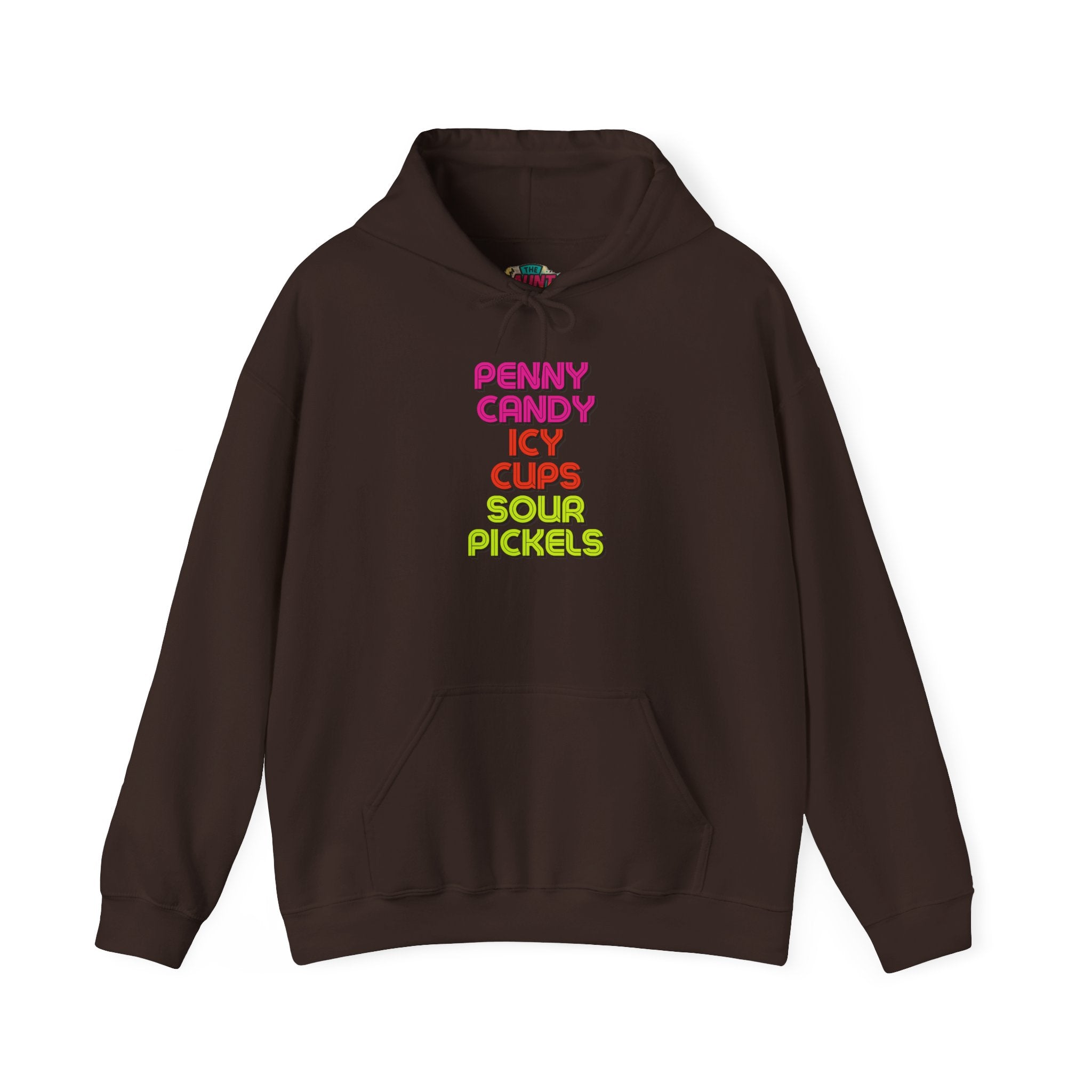 Candy Shop Nostalgia Hoodie — "Penny Candy Icy Cups Sour Pickles" Retro Text