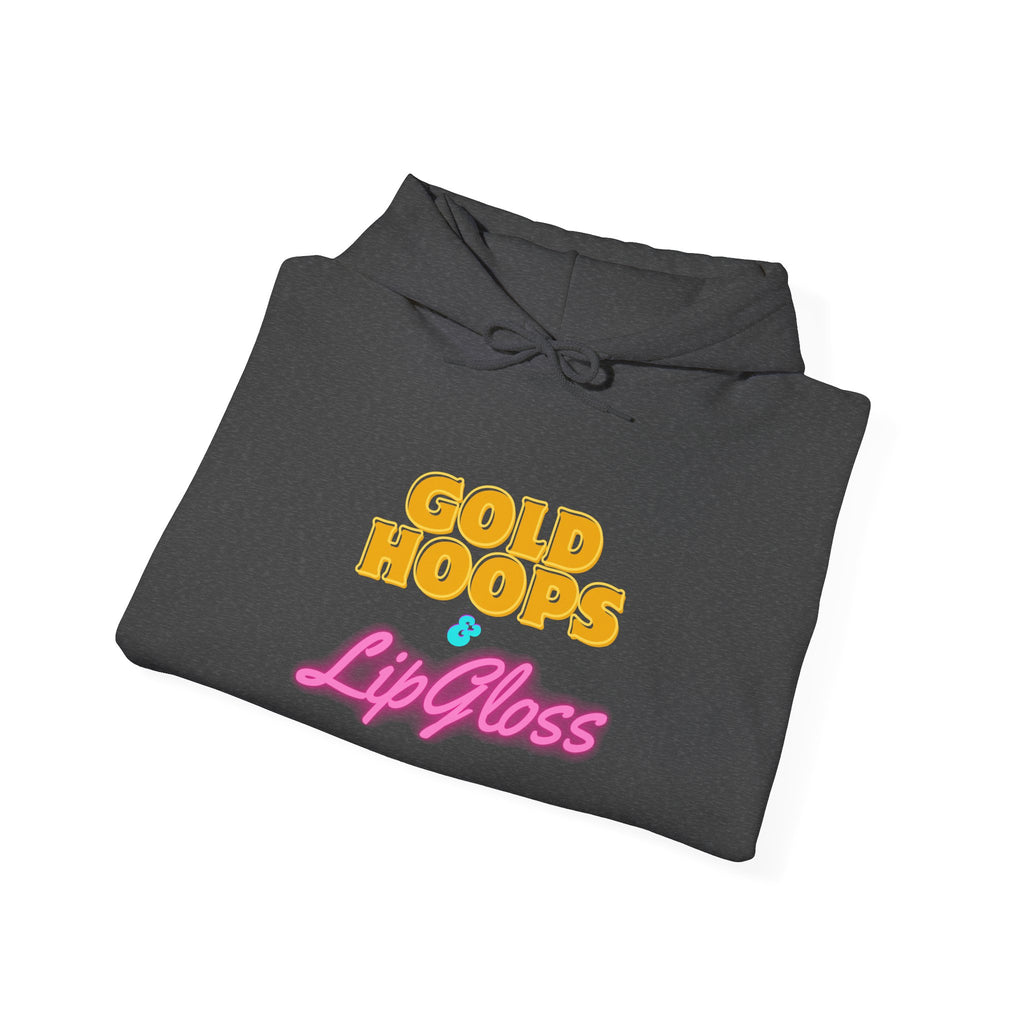 Gold Hoops & Lip Gloss Hoodie — Retro Pink & Gold Graphic Pullover