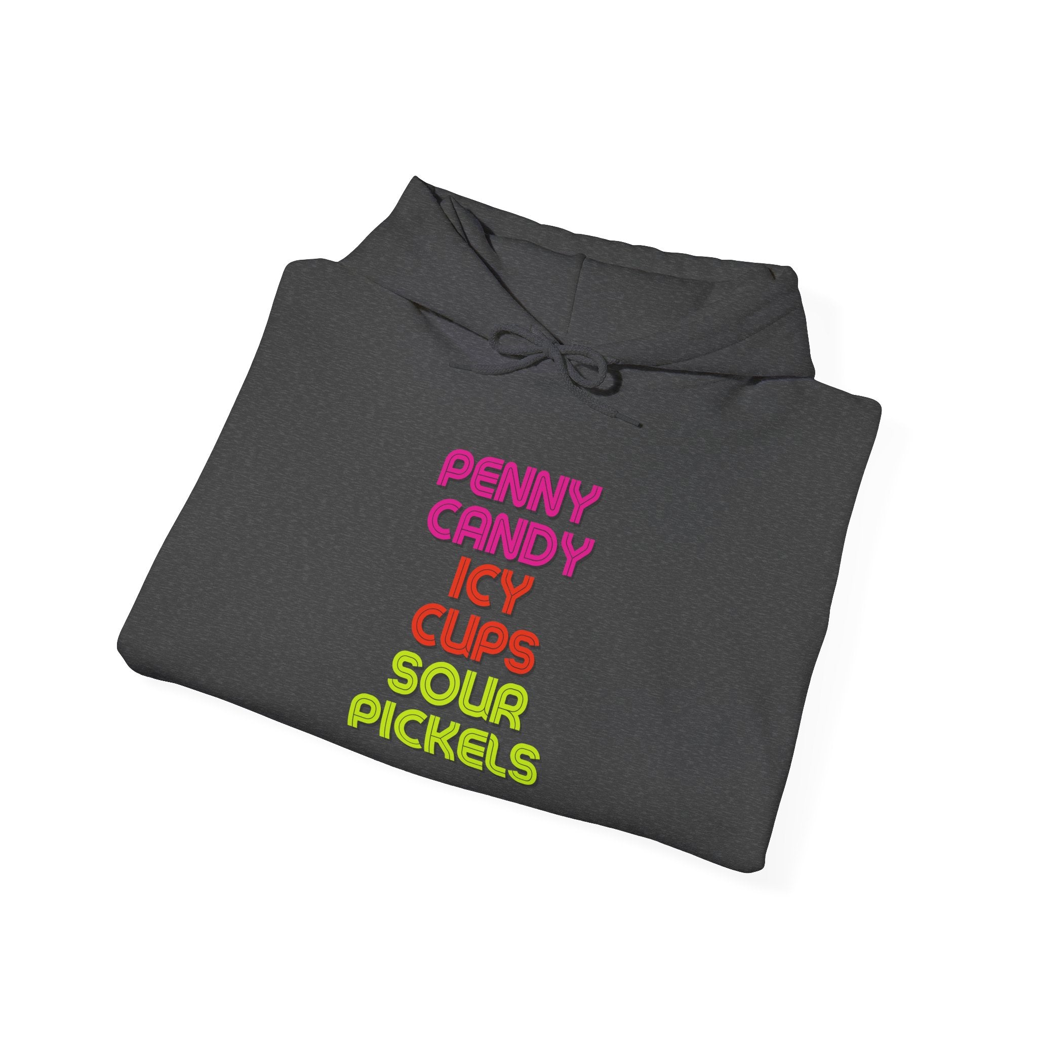 Candy Shop Nostalgia Hoodie — "Penny Candy Icy Cups Sour Pickles" Retro Text
