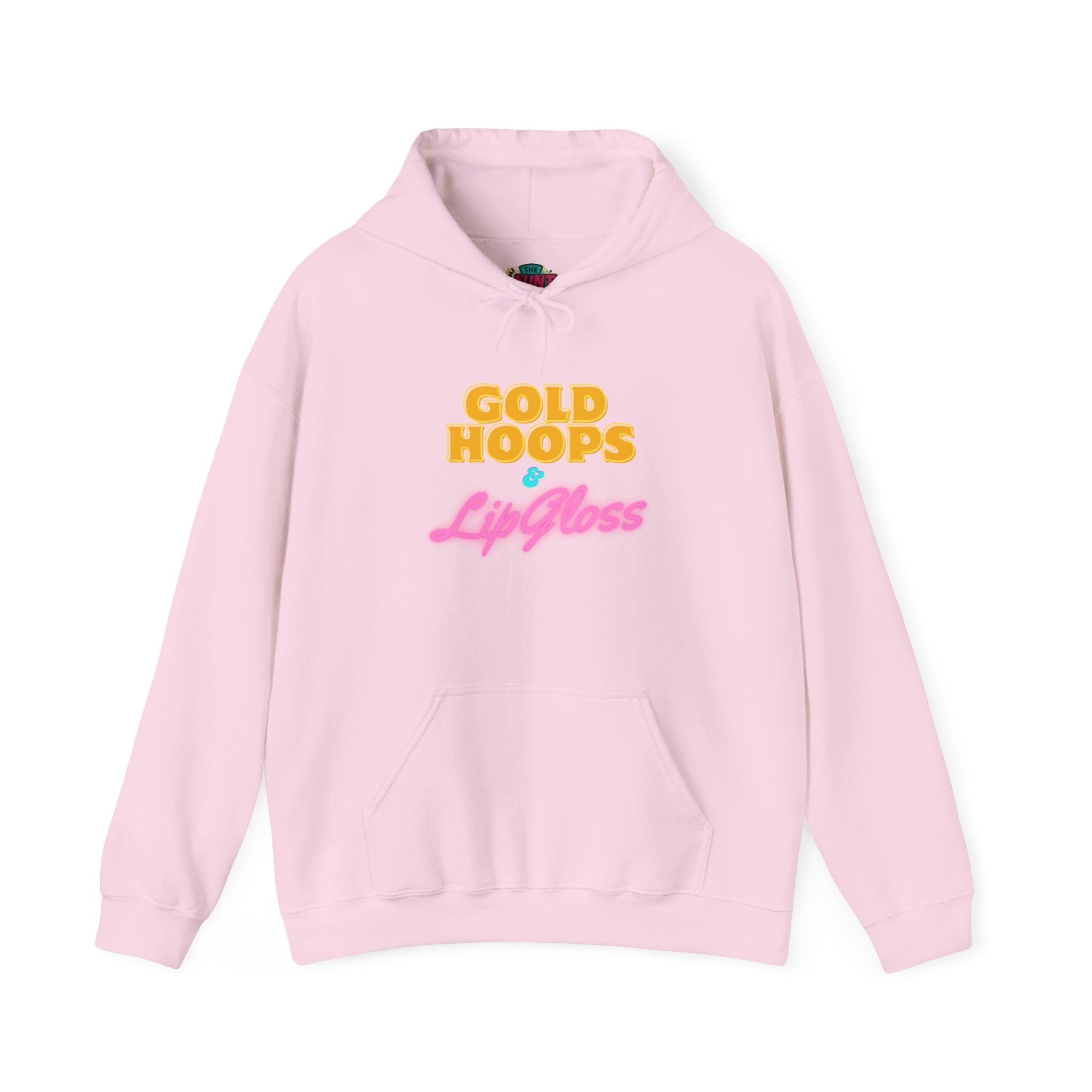 Gold Hoops & Lip Gloss Hoodie — Retro Pink & Gold Graphic Pullover