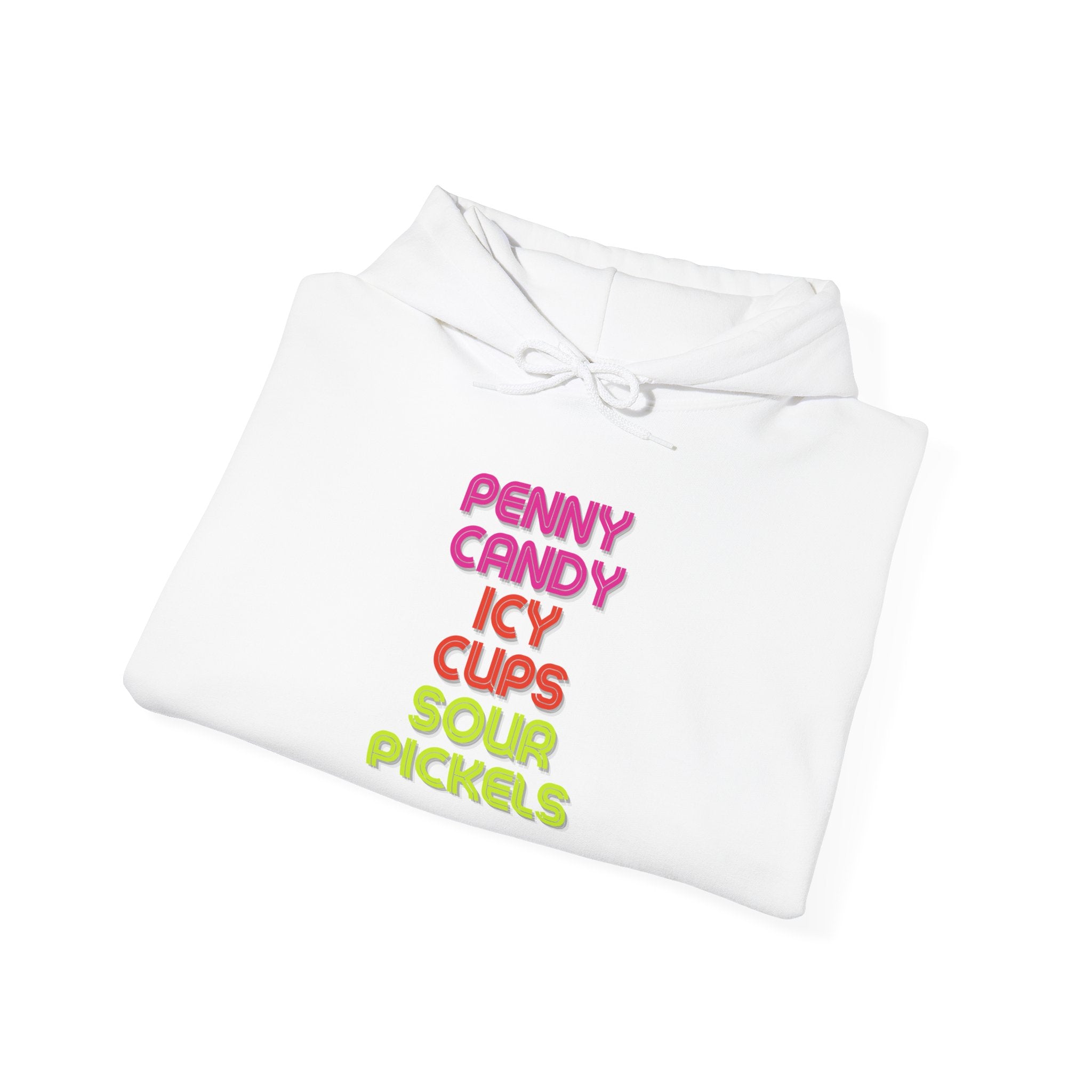 Candy Shop Nostalgia Hoodie — "Penny Candy Icy Cups Sour Pickles" Retro Text