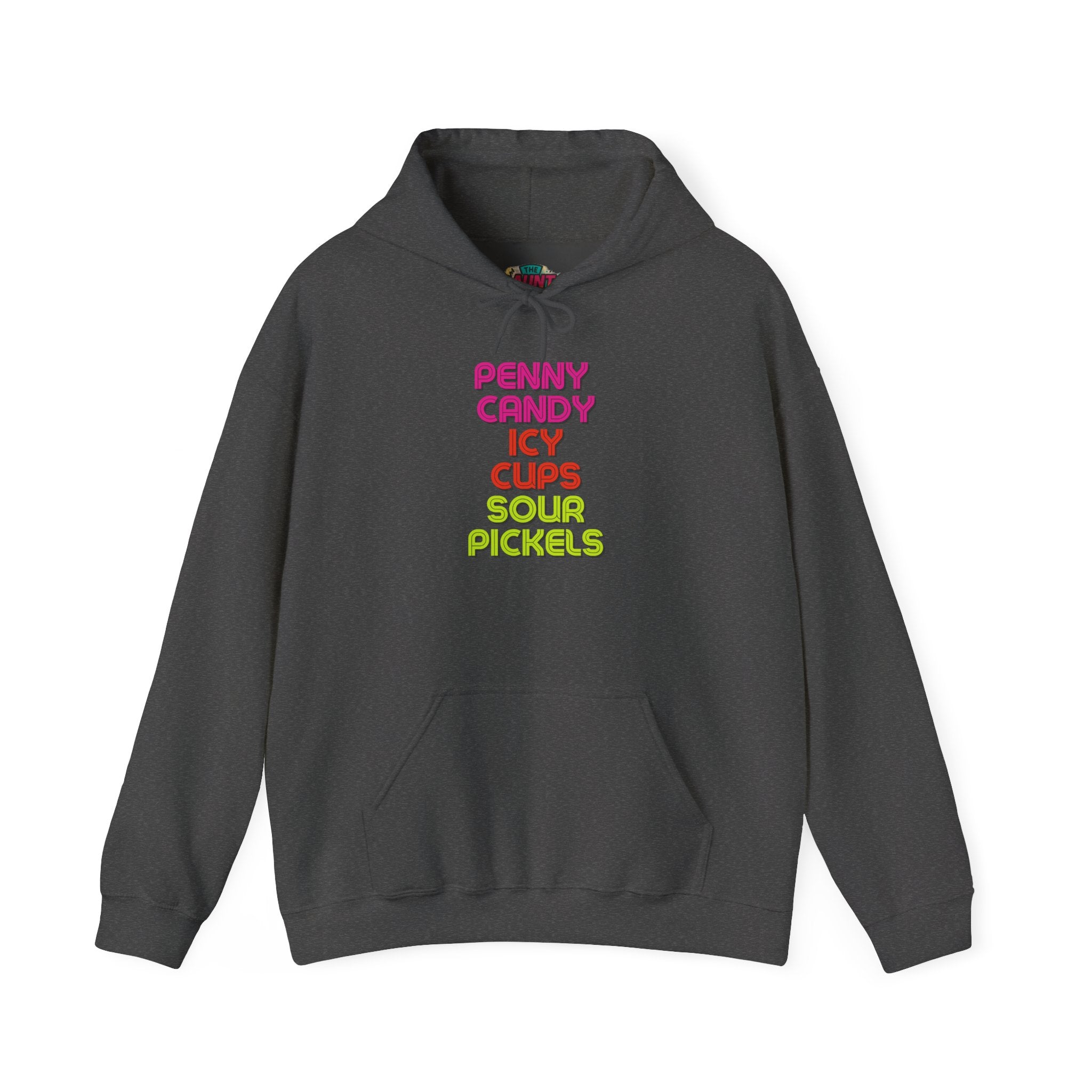 Candy Shop Nostalgia Hoodie — "Penny Candy Icy Cups Sour Pickles" Retro Text