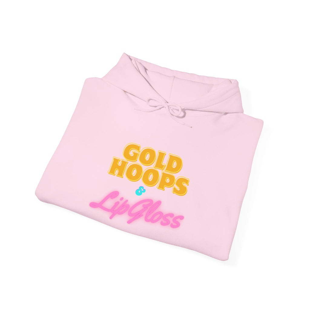 Gold Hoops & Lip Gloss Hoodie — Retro Pink & Gold Graphic Pullover