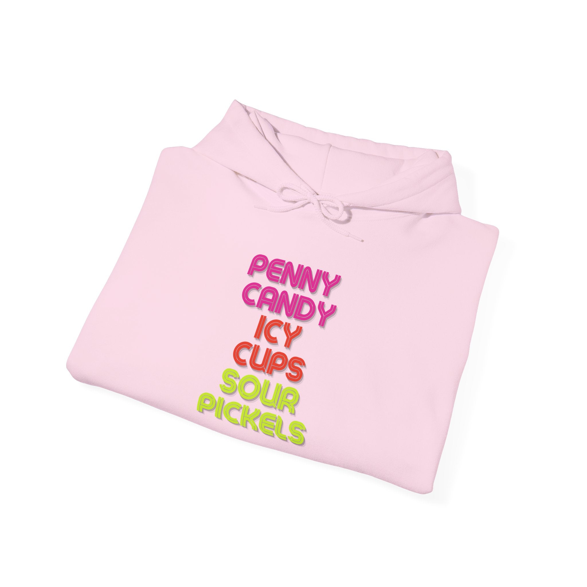 Candy Shop Nostalgia Hoodie — "Penny Candy Icy Cups Sour Pickles" Retro Text