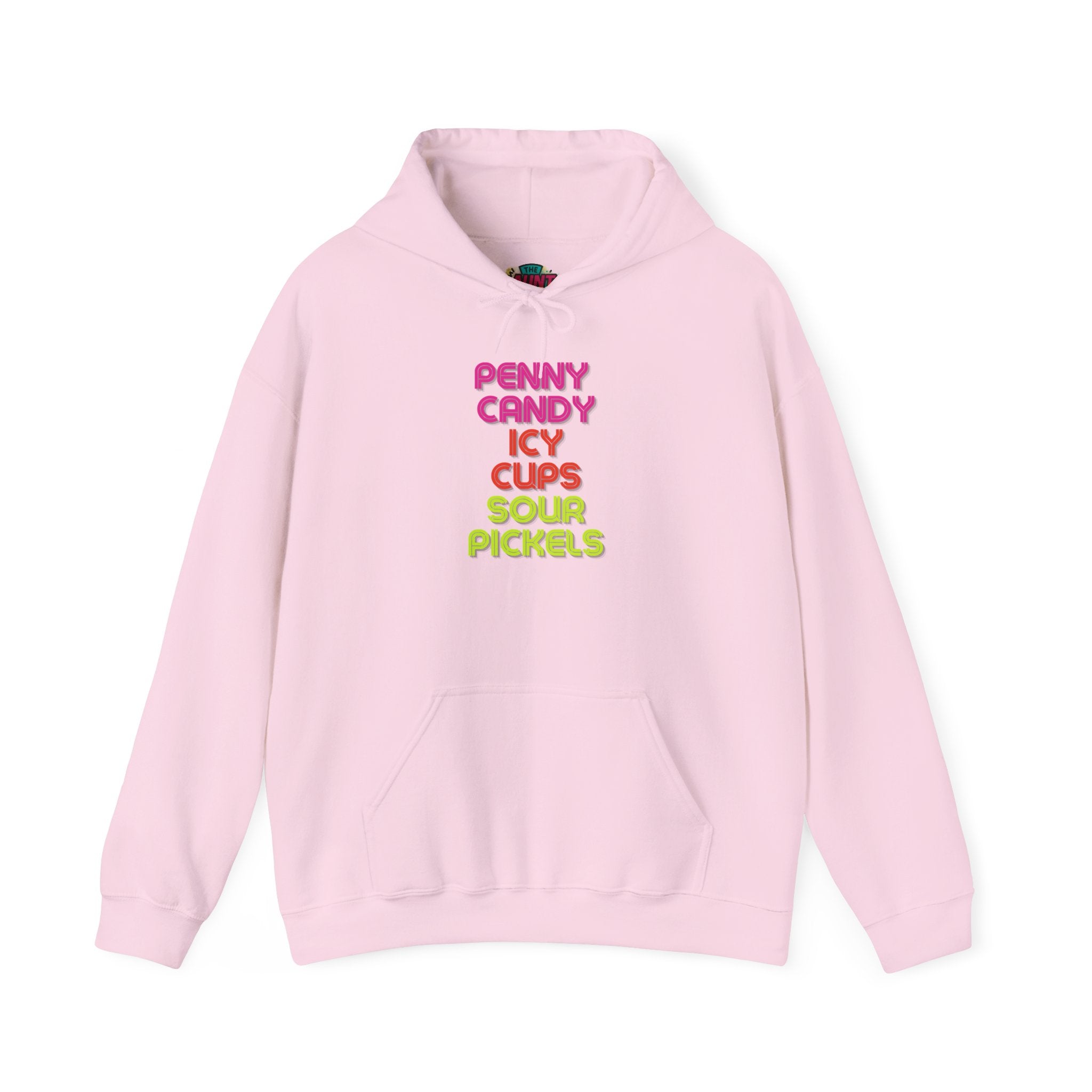 Candy Shop Nostalgia Hoodie — "Penny Candy Icy Cups Sour Pickles" Retro Text
