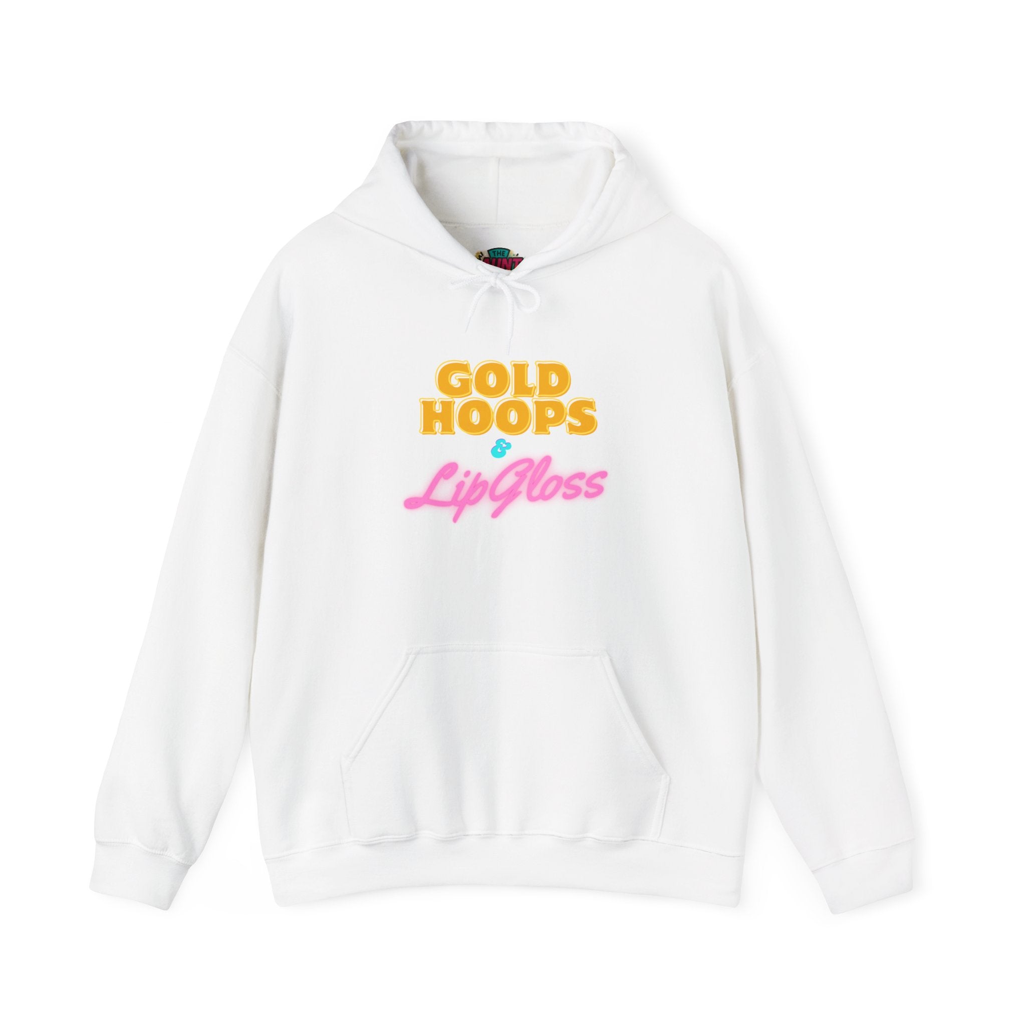 Gold Hoops & Lip Gloss Hoodie — Retro Pink & Gold Graphic Pullover