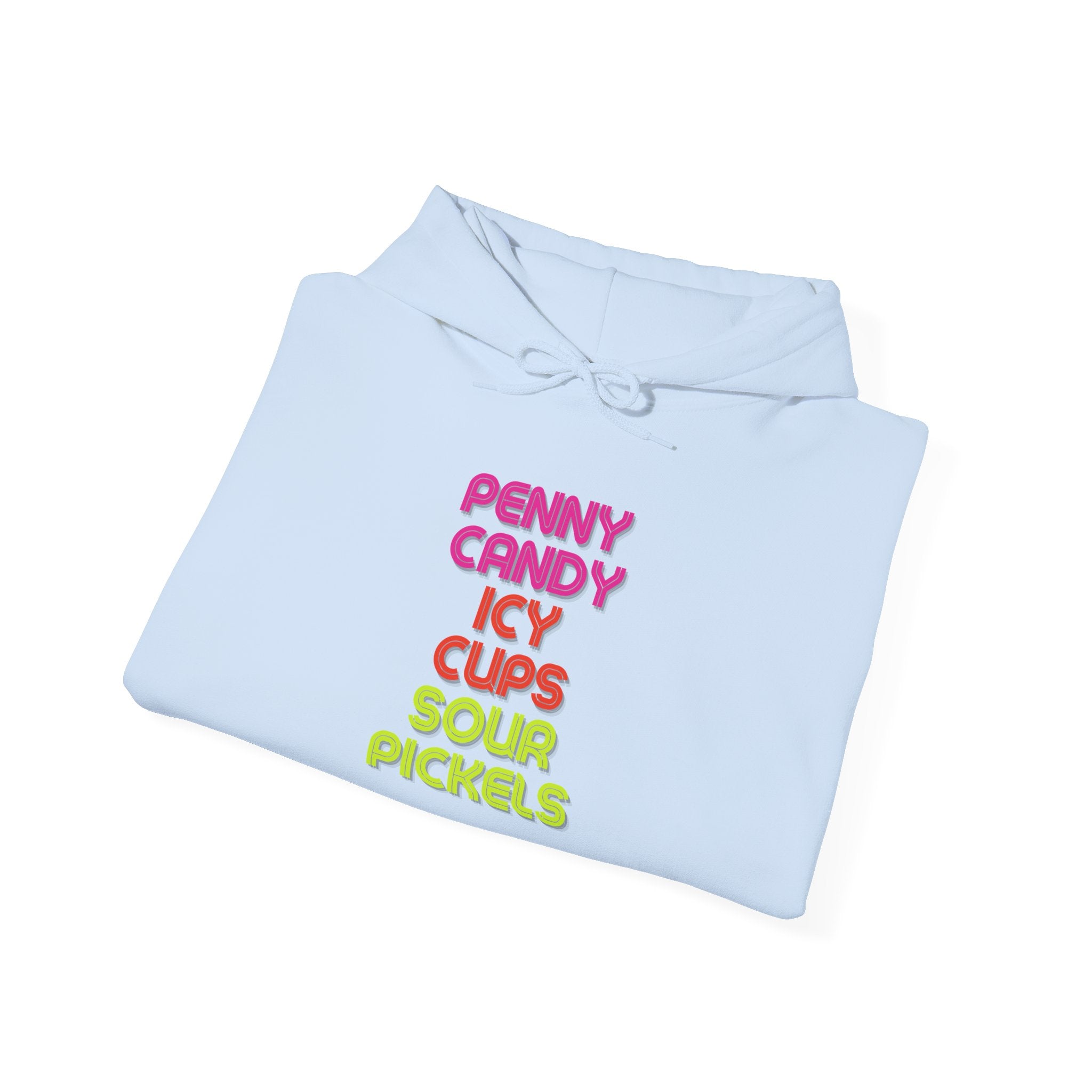 Candy Shop Nostalgia Hoodie — "Penny Candy Icy Cups Sour Pickles" Retro Text